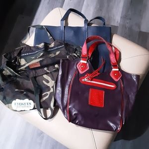 Dark Blue leather tote,Camouflage exercise tote and Victoria Secret small tote.